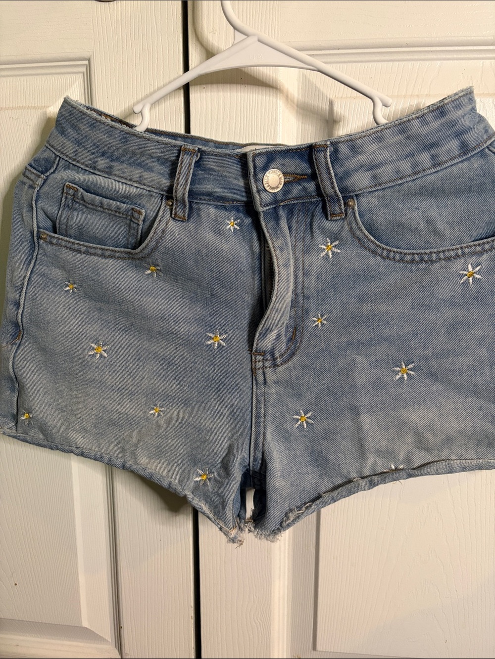 Khaki & Blue Embroidered Daisy Denim Shorts